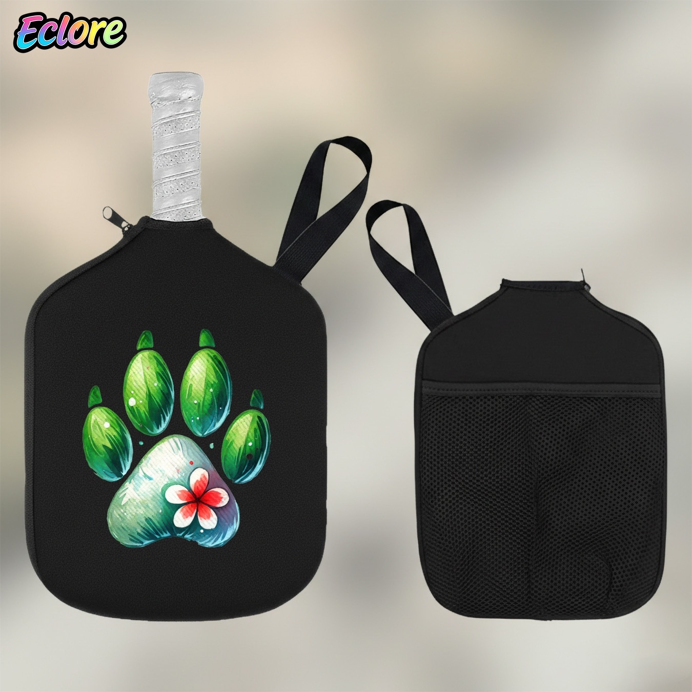 Table Tennis Racket - Grüne Paddelhülle mit Aquarell-Pfotenabdruck, robuste Pickleball-Schlägertasche,